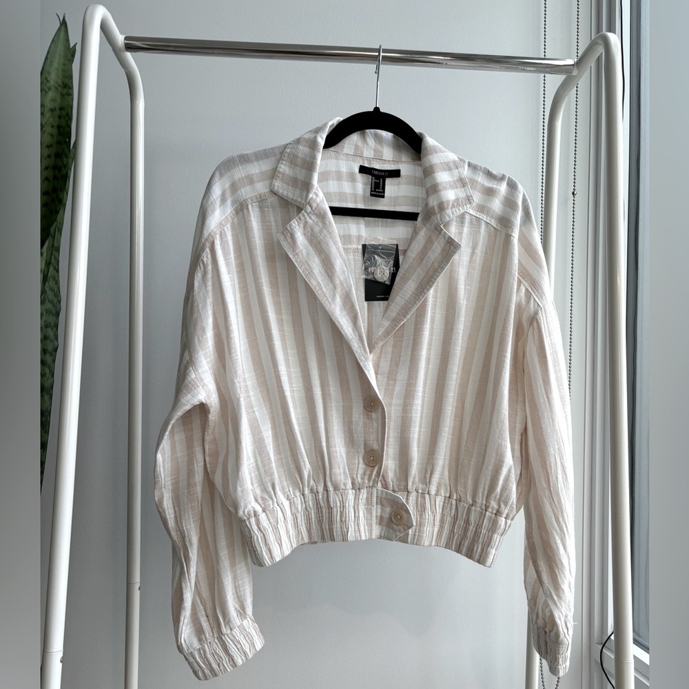 NWT - Linen-Feel Striped Beige & White Button Down Collared Jacket M